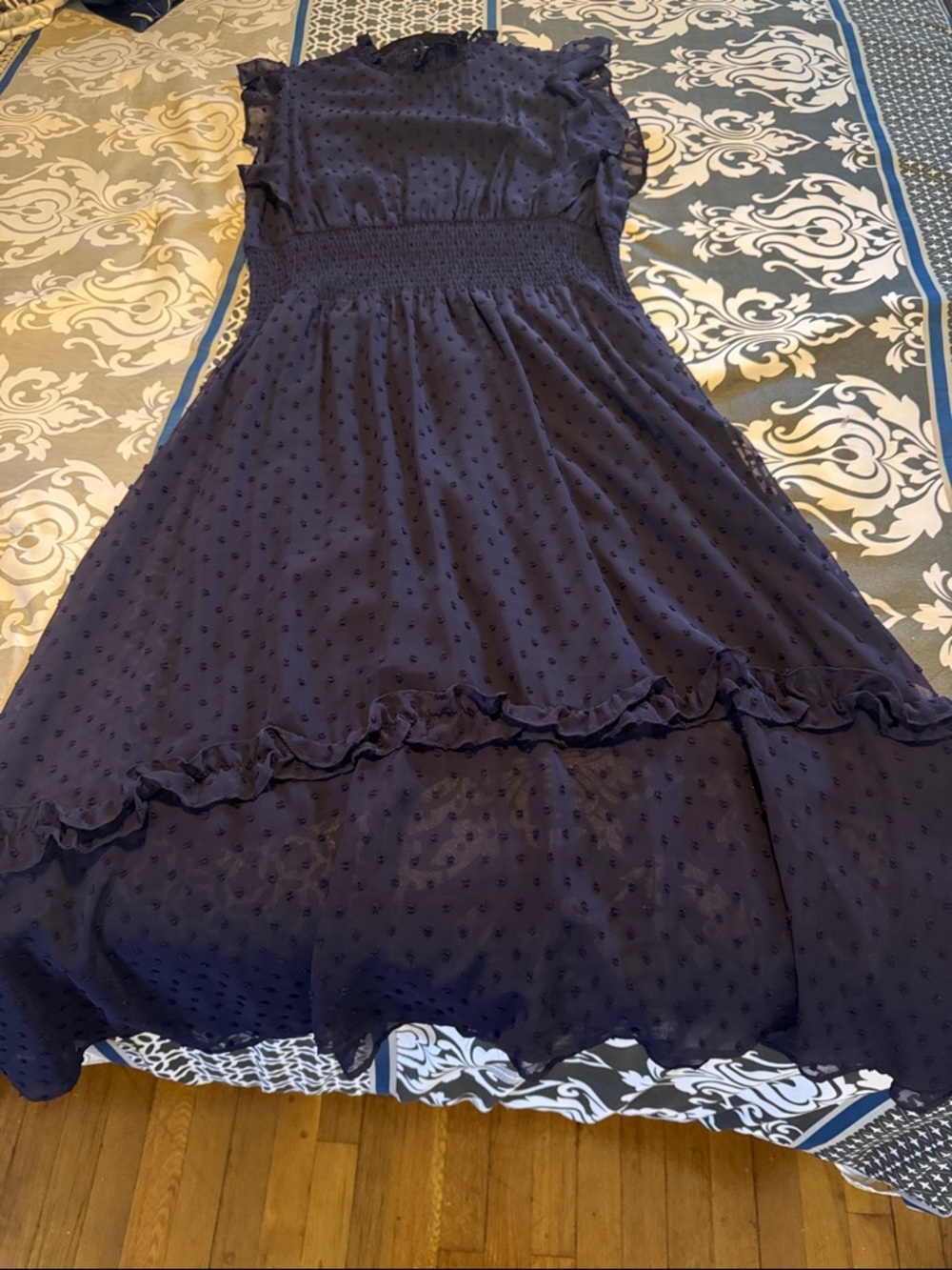 Aqua Navy Swiss Dot Midi Dress with Ruffle Trim